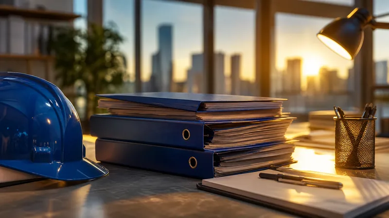 Payroll binders and a hard hat on a desk, Delaware Hiring Guide