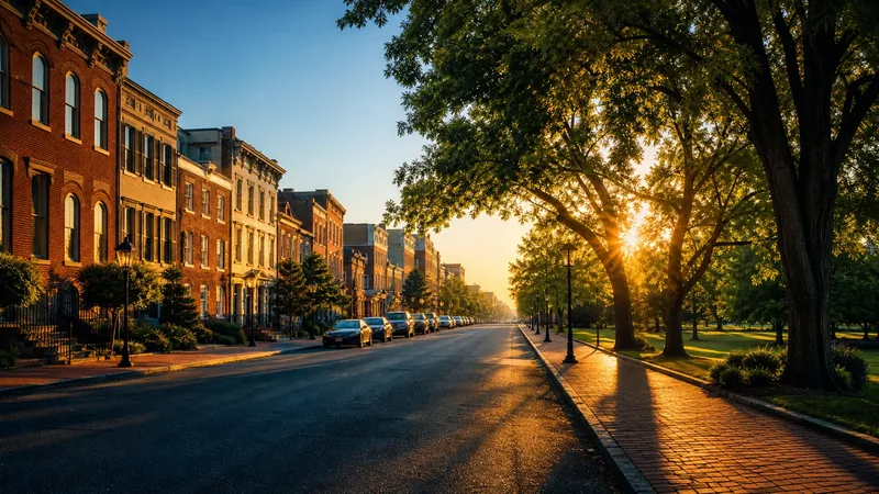 Low brick main street of a small mid-Atlantic capital town with a tree-lined square and parked cars, morning light, Middletown Business License